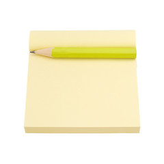 yellow note paper and pencil on white background