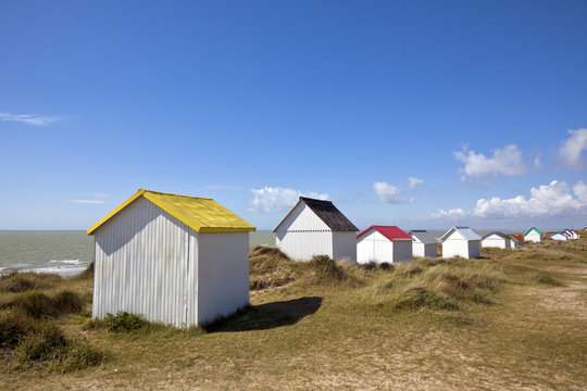 Colorful beach cabins at Gouville-Sur-Mer, Normandy