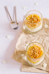 creamy dessert with caramelized pears and nuts