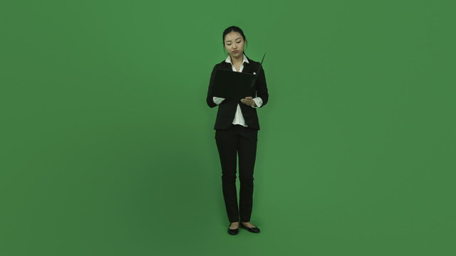 Asian business woman isolated greenscreen green background happy