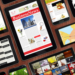 Promotional templates digital devices on wooden tabletop