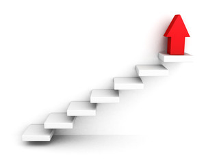 red growing up success arrow and upstairs steps ladder