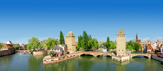 Panorama of   Strasbourg, medieval bridge Ponts Couverts. Alsace - obrazy, fototapety, plakaty