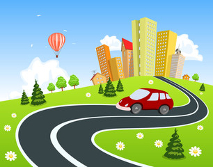 City surrounded by nature landscape with car
