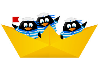 Cute penguin sailors in paper boat