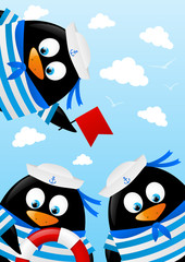Cute penguin sailors on sea background