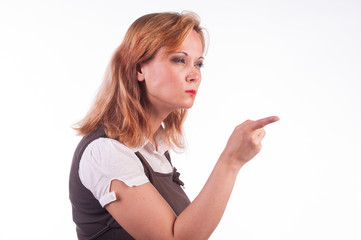 blond woman pointing