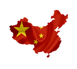 Map of China with waving flag isolated on white