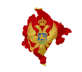 Map of Montenegro with waving flag isolated on white