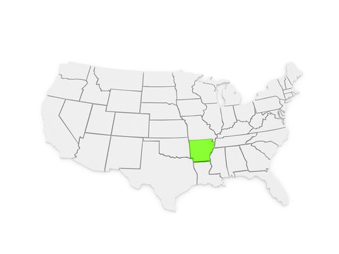 Three-dimensional map of Arkansas. USA