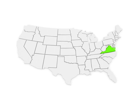 Three-dimensional map of Virginia. USA.