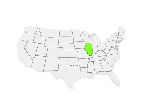 Three-dimensional map of Illinois. USA.