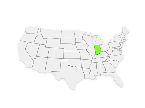 Three-dimensional map of Indiana. USA.