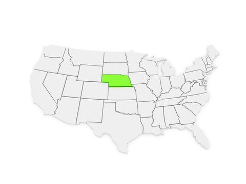 Three-dimensional map of Nebraska. USA.