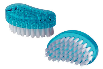 two views of a small light blue nailbrush