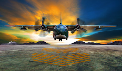 military plane landing on airforce runways against beautiful dus - obrazy, fototapety, plakaty