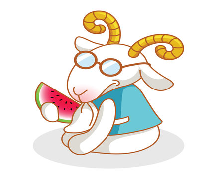 cute cartoon goat eating watermelon