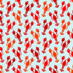 Seamless Lobster & Waves Pattern Red Colors/White/Blue