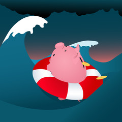 Financial problems. Piggy bank drowning in the storm sea