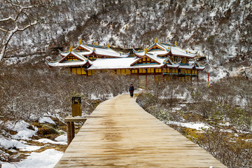 tibetan temple at huanglong in the winter, china