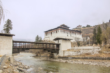 Fototapeta na wymiar Paro Dzong, bridge and watch tower