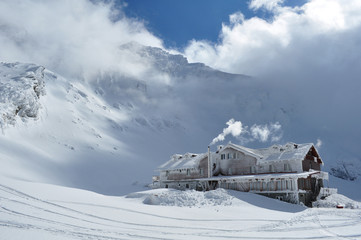 Cabin in winter, Balea Lake, Romania, Fagaras mountain