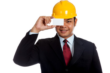Asian engineer man close his eye with a blank card
