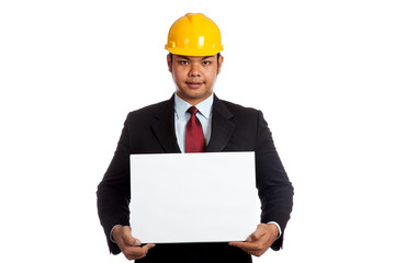 Asian engineer man show a blank  sign and smile