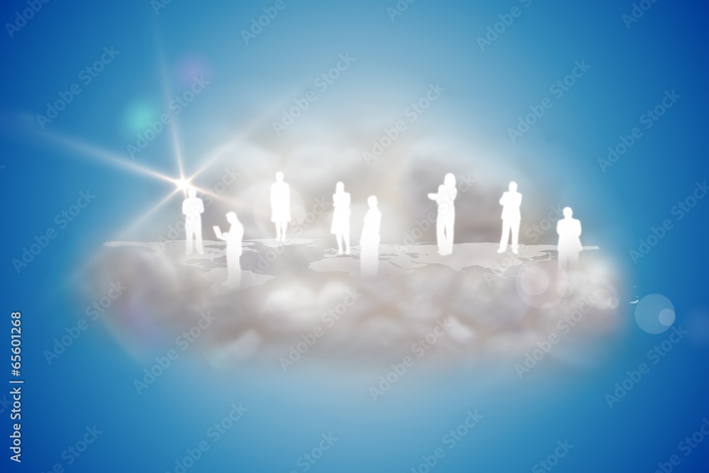 Poster human silhouettes on a floating cloud with app icons