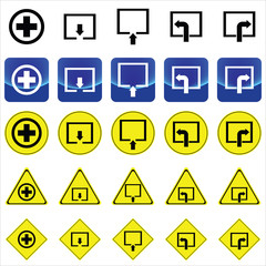 sign for health cross and exit, entrance, turn left, right