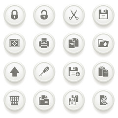 Document icons on gray buttons.