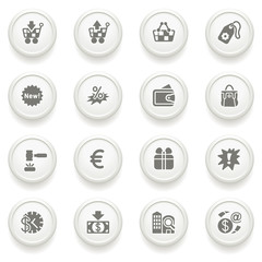 Commerce icons on gray buttons.