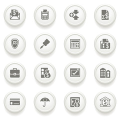 Banking icons on gray buttons.