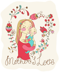 Color background with mother and baby and flowers