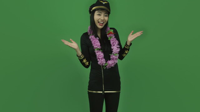 Asian air hostess isolated greenscreen green background garland