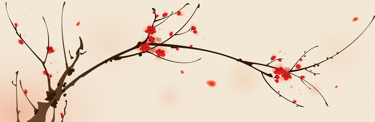 Fototapeta premium Oriental style painting, plum blossom in spring