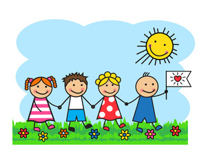 Cartoon kids go through the grass and holding hands