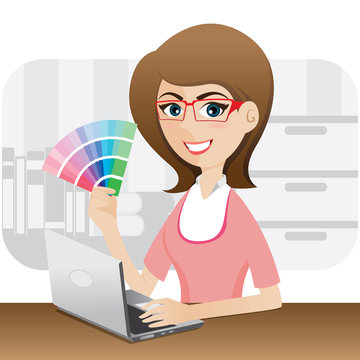 cartoon girl graphic designer showing color chart