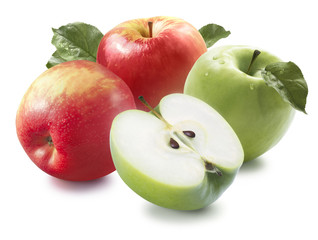 Four red and green apples isolated on white background