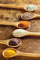 Various spices in wooden spoons.
