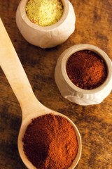 Cayenne pepper in a big wooden spoon and clay bowl.