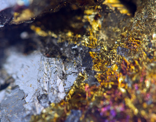 Crystal,nugget, gold, bronze, copper, iron. Macro