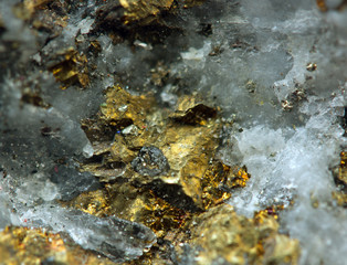 Crystal,nugget, gold, bronze, copper, iron. Macro. Extreme close