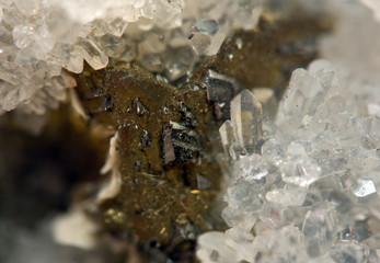 Crystal,nugget, gold, bronze, copper, iron. Macro. Extreme close