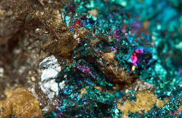 Crystal,nugget, gold, bronze, copper, iron. Macro