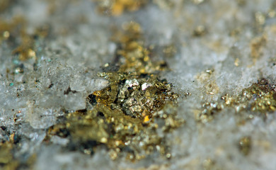 Crystal,nugget, gold, bronze, copper, iron. Macro.