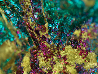 Crystal,nugget, gold, bronze, copper, iron. Macro. Extreme close
