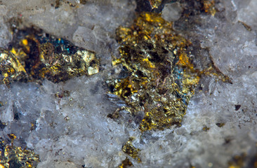 Crystal,nugget, gold, bronze, copper, iron. Macro. Extreme close