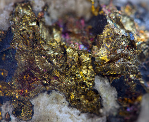 Crystal,nugget, gold, bronze, copper, iron. Macro. Extreme close
