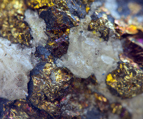 Crystal,nugget, gold, bronze, copper, iron. Macro. Extreme close